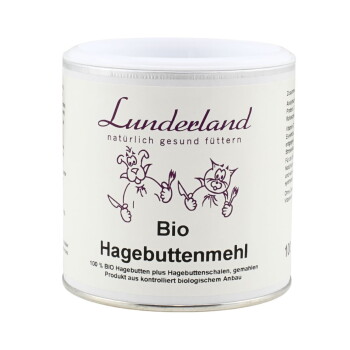 Weißer Lunderland-Behälter mit der Aufschrift "Bio Hagebuttenmehl" (Hagebuttenpulver) mit Cartoon-Hund und -Katze und dem Slogan "natürlich gesund füttern".