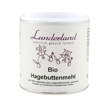 Weißer Lunderland-Behälter mit der Aufschrift "Bio Hagebuttenmehl" (Hagebuttenpulver) mit Cartoon-Hund und -Katze und dem Slogan "natürlich gesund füttern".