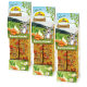 Drei Pakete von JR Farms "Karotte-Fenchel" Haustierleckereien, mit einem Cartoonkaninchen, Karotten und Fenchel auf einem grünen Hintergrund.