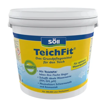 Weißer Eimer mit der Aufschrift "Söll TeichFit" im blauen und gelben Design, der die Teichpflege für optimale Wasserqualität und Fischgesundheit fördert.