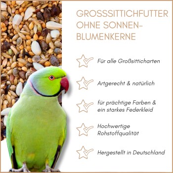Nymphensittichfutter ohne Sonnenblumenkerne mit einem Nymphensittich und deutschem Text, der Produktvorteile auflistet.