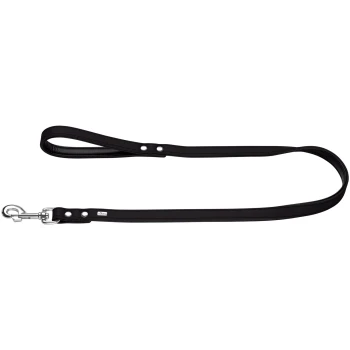 Schwarze Lederhundeleine mit gepolstertem Schlaufenhandgriff, silbernem Karabiner, Nieten und kleinem weißen Etikett