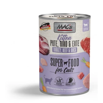 Nassfutter Kitten Pute, Rind und Ente 6x400 g MACs Kitten Nassfutter mit Truthahn, Rind und Ente. Etiketten weisen auf "getreidefrei" und "hohen Fleischanteil" hin. Hergestellt in Deutschland.