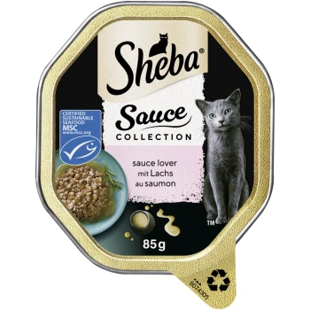 Sauce Collection Sauce Lover 22x85 g Lachs MSC Sheba Sauce Collection Katzenfutter, 85g, mit einer grauen Katze und einer Schüssel mit Futter und Kräutern, gekennzeichnet mit "sauce lover mit Lachs au saumon."