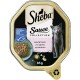 Nourriture pour chats Sheba Sauce Collection, 85g, avec un chat gris et un bol de nourriture avec des herbes, étiquetée "sauce lover mit Lachs au saumon."