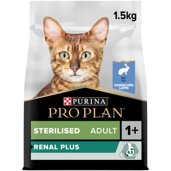 Purina Pro Plan kattenvoer zak met een close-up van een Bengaalse kat, gelabeld 'Gesteriliseerd Volwassen 1+' en 'Renal Plus,' 1.5kg.