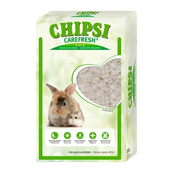 Eine Tüte CHIPSI Carefresh Einstreu mit einem Kaninchen und einem Hamster, die weiße Einstreu und Merkmale wie "Kuschelig weich" und "Hygienisch" zeigt.