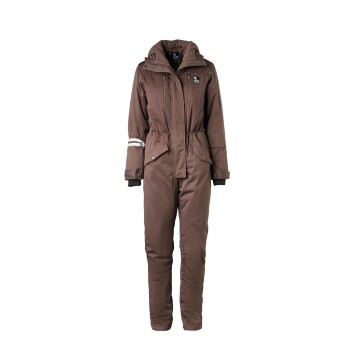 Brauner isolierter Einteiler mit Kapuze, mit einem Reißverschluss vorne, verstellbarem Bund und reflektierenden Streifen an den Ärmeln.