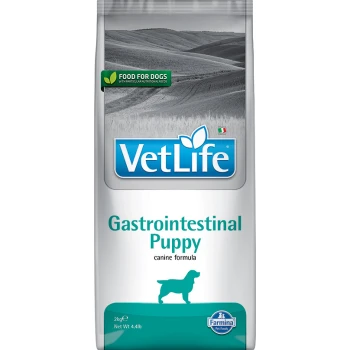 Torba karmy dla szczeniąt VetLife Gastrointestinal, 2 kg, z niebieskim logo, zielonym tekstem i sylwetką psa.