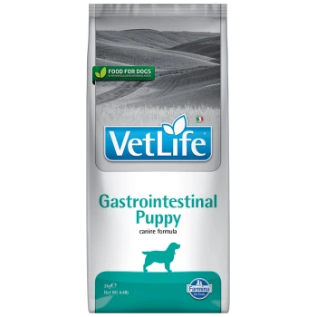 Torba karmy dla szczeniąt VetLife Gastrointestinal, 2 kg, z niebieskim logo, zielonym tekstem i sylwetką psa.