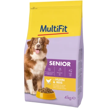 Dog food bag labeled "MultiFit Senior" with chicken and rice, featuring a smiling dog and a yellow bowl of kibble, 4 kg.
