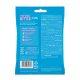 Blaue Verpackung für "Top Dog Bites" Hundeleckerlis, mit frischem Lachs und Huhn, kalorienarm, getreidefreies Rezept, mit Fütterungshinweisen.