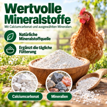 Bild von Hühnerpflegeprodukten wie Kieselgur und Milben Spray, mit einem Huhn und dem Text "Für glückliche Hühner."