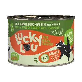 Dosenfutter für Haustiere mit der Bezeichnung "Lucky Lou", das Rindfleisch und Wildschwein mit Kürbis enthält, 200g, hergestellt in Deutschland, mit 96% Fleischgehalt.