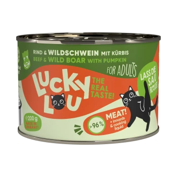 Puszka z karmą dla zwierząt oznaczona "Lucky Lou" z wołowiną i dzikiem z dynią, 200g, wyprodukowana w Niemczech, z 96% zawartością mięsa.