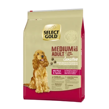 Sac de nourriture pour chiens Select Gold Medium Adult, 11-25 kg, étiqueté "Sensitive" avec des ingrédients de cheval et de tapioca, présentant une silhouette de chien.