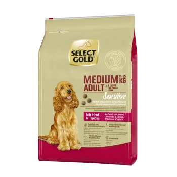 Select Gold Medium Adult Hundefutterbeutel, 11-25 kg, beschriftet mit "Sensitive" mit Pferd- und Tapiokazutaten, mit einer Hundesilhouette.