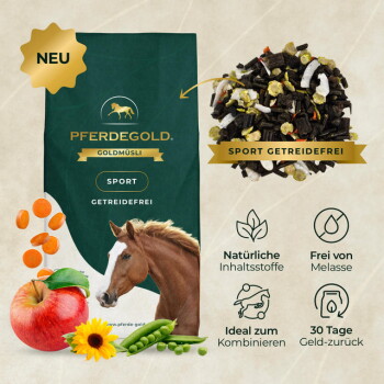 Pferdegold Goldmüsli Futtersack mit Pferdekopf und Futterprobe; sichtbarer Text 'NEU' und 'SPORT GETREIDEFREI'.