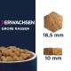 Hundefutter für große Rassen, mit Kibble-Größen von 18,5 mm und 10 mm, mit dem Text "ERWACHSEN GROSSE RASSEN" deutlich angezeigt.