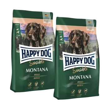 Zwei Beutel Happy Dog Sensible Montana Erwachsenen-Hundefutter mit Pferdegeschmack, hergestellt in Deutschland, für Hunde ab 11 kg.