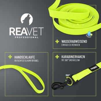 Neongelbe Hundeleine mit Schlaufe und Karabiner vor dunklem Hintergrund; REAVET PROFESSIONAL-Logo und Aufschrift WASSERABWEISEND