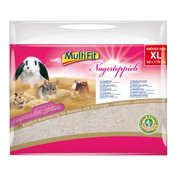 MultiFit Rodent Carpet Verpackung zeigt einen Hasen, ein Meerschweinchen und einen Hamster und betont Komfort und staubfreie Eigenschaften. Größe XL, 50 x 115 cm.
