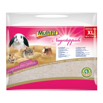 MultiFit Rodent Carpet package shows a rabbit, guinea pig, and hamster, emphasizing comfort and dust-free features. Size XL, 50 x 115 cm.