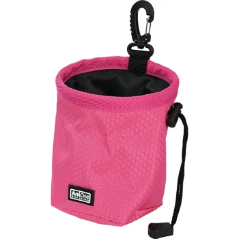 A pink pet treat pouch with a hexagonal pattern, featuring a black interior, a clip for attachment, and a drawstring closure.