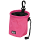 A pink pet treat pouch with a hexagonal pattern, featuring a black interior, a clip for attachment, and a drawstring closure.