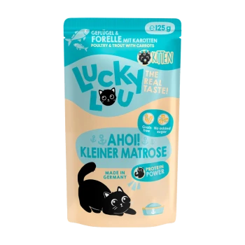 Lucky Lou Kittenfutterbeutel, Geflügel & Forelle mit Karotten, 125 g, 'Ahoi! Kleiner Matrose', getreidefrei.
