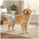 Golden Retriever trägt ein graues Bauchband/Windel, steht auf einem Teppich in einem sonnigen Wohnzimmer, hechelt und blickt in die Kamera.