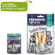 Verpackung von Premiere Dental Snack Mini Wraps und Mini Dental Rolls, mit einer Hundegrafik und Text, der das neue Design und die Qualität hervorhebt.