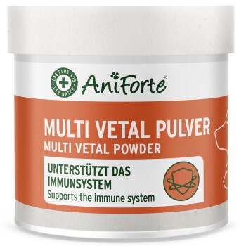 AniForte Multi Vetal Pulverdose, orange Etikett mit der Aufschrift 'MULTI VETAL PULVER' und 'Unterstützt das Immunsystem'.