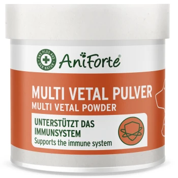 AniForte Multi Vetal Pulverdose, orange Etikett mit der Aufschrift 'MULTI VETAL PULVER' und 'Unterstützt das Immunsystem'.