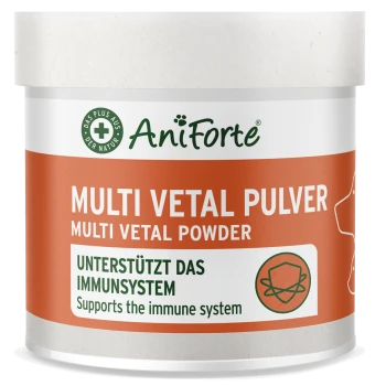 AniForte Multi Vetal Pulverdose, orange Etikett mit der Aufschrift 'MULTI VETAL PULVER' und 'Unterstützt das Immunsystem'.