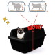 Schwarze Katzentoilette mit hohem Rand und Siamkatze, roter 'WOW!'-Text, Pfeile und Diagramme, die das Streuverhalten zeigen