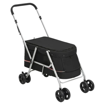 Schwarzer Haustierbuggy mit einem stabilen Aluminiumrahmen, mit einem geräumigen Fach und vier Rädern für einfache Manövrierbarkeit.