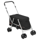 Schwarzer Haustierbuggy mit einem stabilen Aluminiumrahmen, mit einem geräumigen Fach und vier Rädern für einfache Manövrierbarkeit.