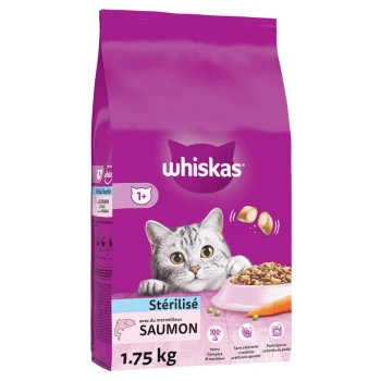 Croquettes au saumon pour chat adulte stérilisé 1,75kg Sac de nourriture pour chat Whiskas, 1,75 kg, avec un chat gris aux grands yeux, étiqueté "Stérilisé" et "Saumon" avec des allégations nutritionnelles.