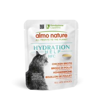 Pochette de nourriture pour chat Almo Nature Hydration Help HFC bouillon de poulet avec image de chat et texte multilingue.