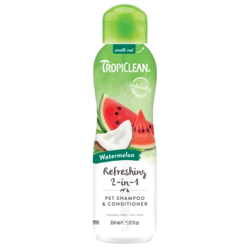 TropiClean Watermelon Refreshing 2-in-1 Pet Shampoo & Conditioner bottle with watermelon and coconut images.