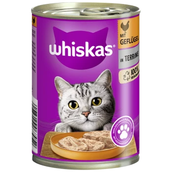 Eine Dose Whiskas Katzenfutter mit einer Nahaufnahme einer grauen getigerten Katze und einer Schale mit Nassfutter, beschriftet mit "mit Geflügel in Terrine."