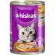 Puszka karmy dla kotów Whiskas z zbliżeniem na szarego kota tabby i miską mokrej karmy, oznaczoną "mit Geflügel in Terrine."