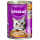 Een blik Whiskas kattenvoer met een close-up van een grijze tabby kat en een kom met natvoer, gelabeld "mit Geflügel in Terrine."