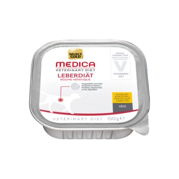 Diätetisches Hundefutter in einem 150g Behälter, beschriftet mit "Select Gold Medica Veterinary Diet Leberdiät" mit einem Rezept aus Huhn und Karotten.