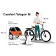 Illustration einer Frau mit einem Fahrrad und einem "Comfort Wagon M"-Haustieranhänger. Abmessungen: 70 cm breit, 85 cm hoch, 153 cm lang. Glücklicher Hund innen.