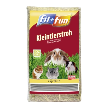 Un sac de 4 kg de fit+fun Kleintierstroh pour petits animaux, présentant un lapin, un cochon d'Inde, un hamster et un chinchilla sur un fond herbeux.