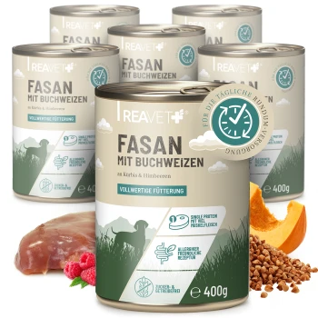 Dosen von REAVET Haustierfutter mit "Fasan mit Buchweizen" mit Kürbis und Himbeeren, gekennzeichnet als vollständige Ernährung, jeweils 400 g.