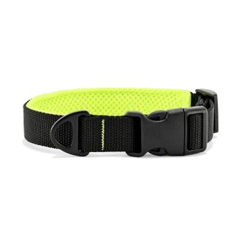 Schwarzes Nylon-Hundehalsband mit neon-gelbem gepolstertem Mesh-Futter, Kunststoff-Steckschnalle und D-Ring