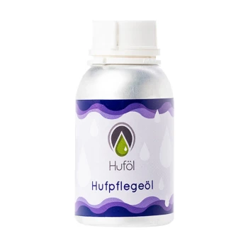 Flasche Hufpflegeöl mit einem eleganten silbernen Design, mit einem Logo und lila Wellenmuster, auf Deutsch beschriftet.